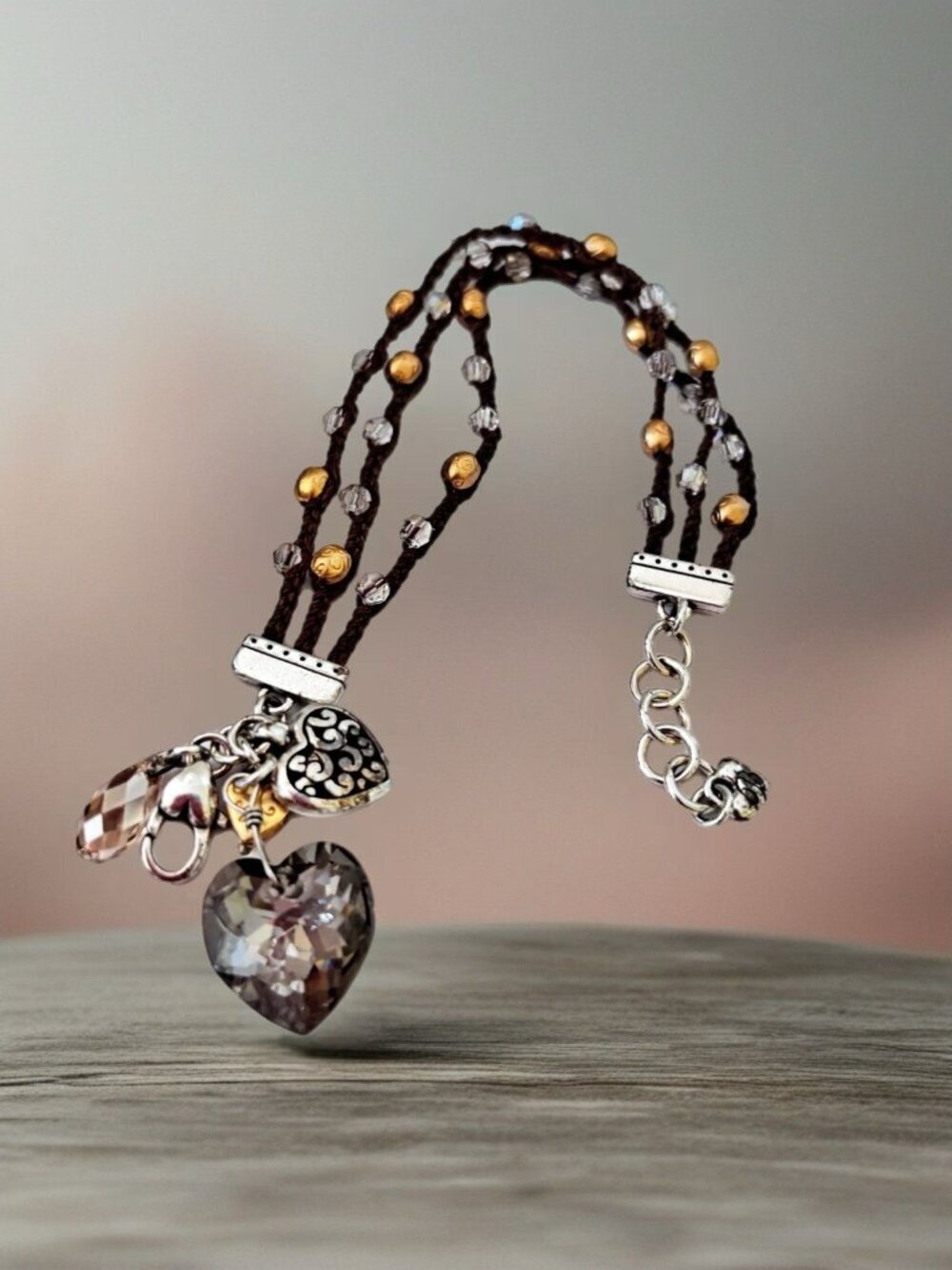 Brighton "Karma Heart" Bracelet Brown Corded Crystal Teardrop Heart